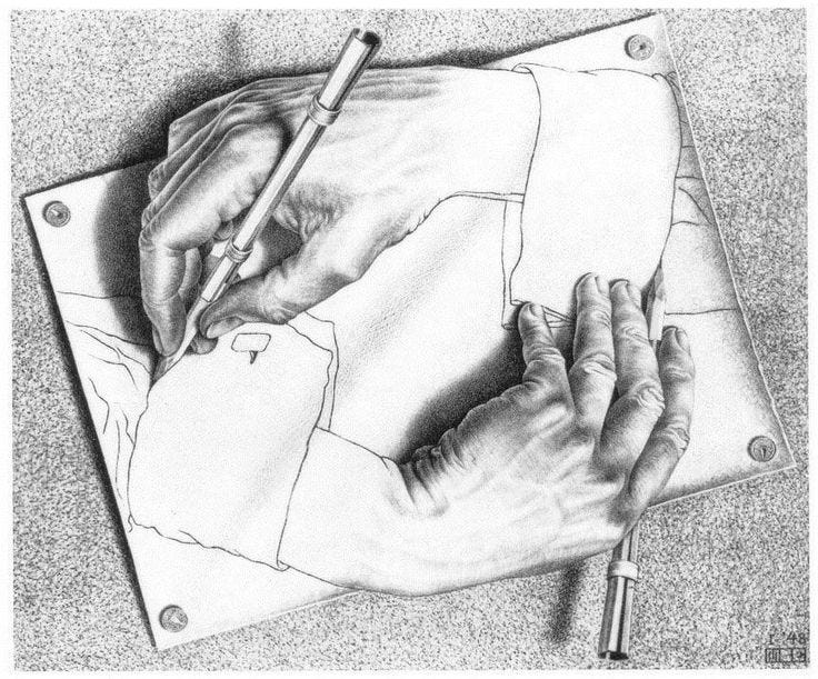 M.C. Escher's lithograph "Drawing Hands," illustrating a creative paradox of a cycle.
