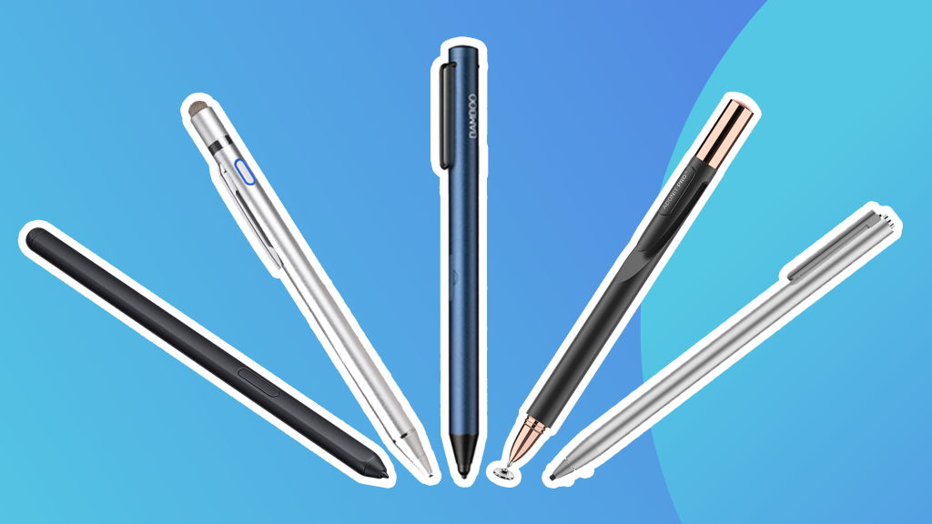 Five different digital styluses are displayed as examples of tools used for drawing digitally