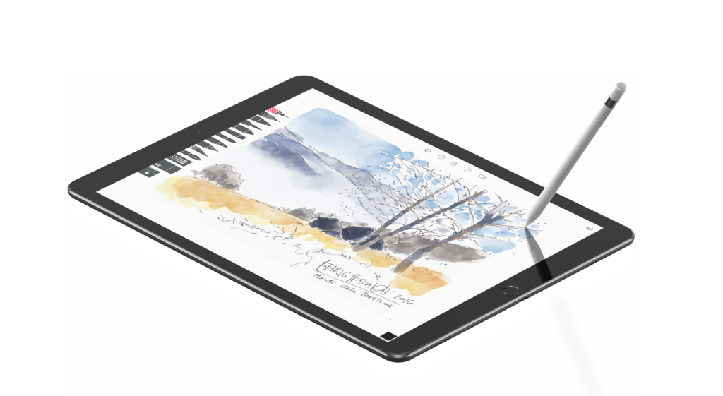 digital watercolor painting in progress on a tablet with a white stylus.