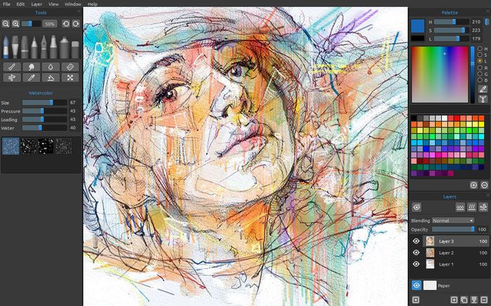 Watercolor painting process in a digital drawing app featuring a complex sketch, rainbow color picker, and layer management.