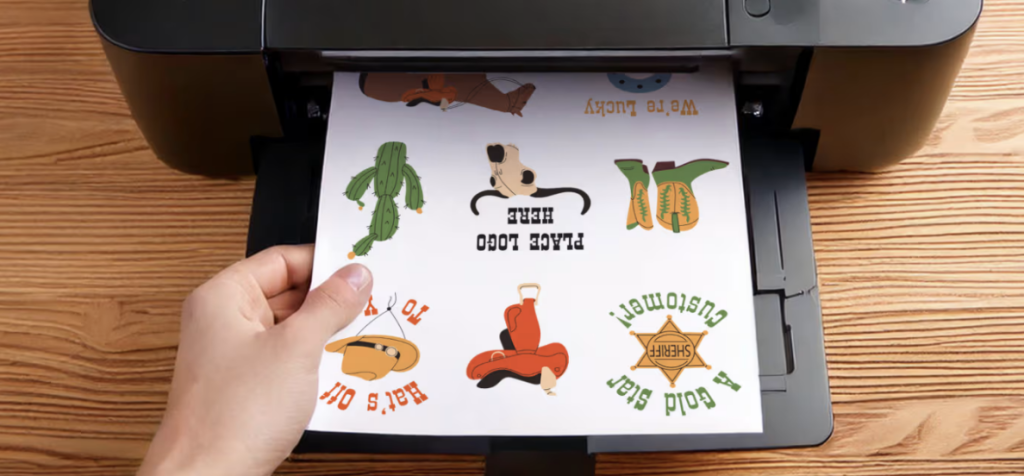 DIY digital art printing showing a sheet of colorful illustrations being produced on a desktop printer.
