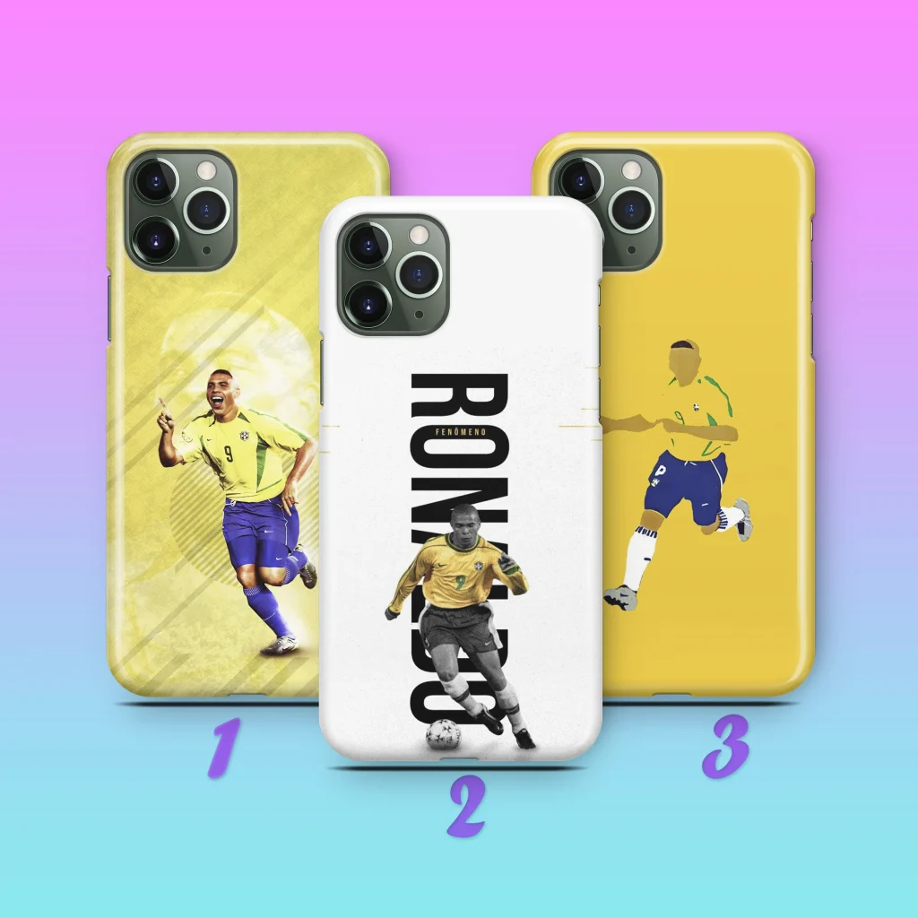 Three different phone cases featuring Brazilian legend Ronaldo Nazário, unique soccer gifts for vintage fans.