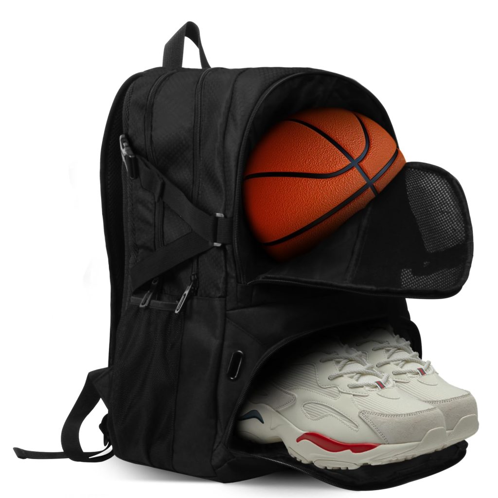 Black basketball backpack featuring separate storage for a ball and sneakers.