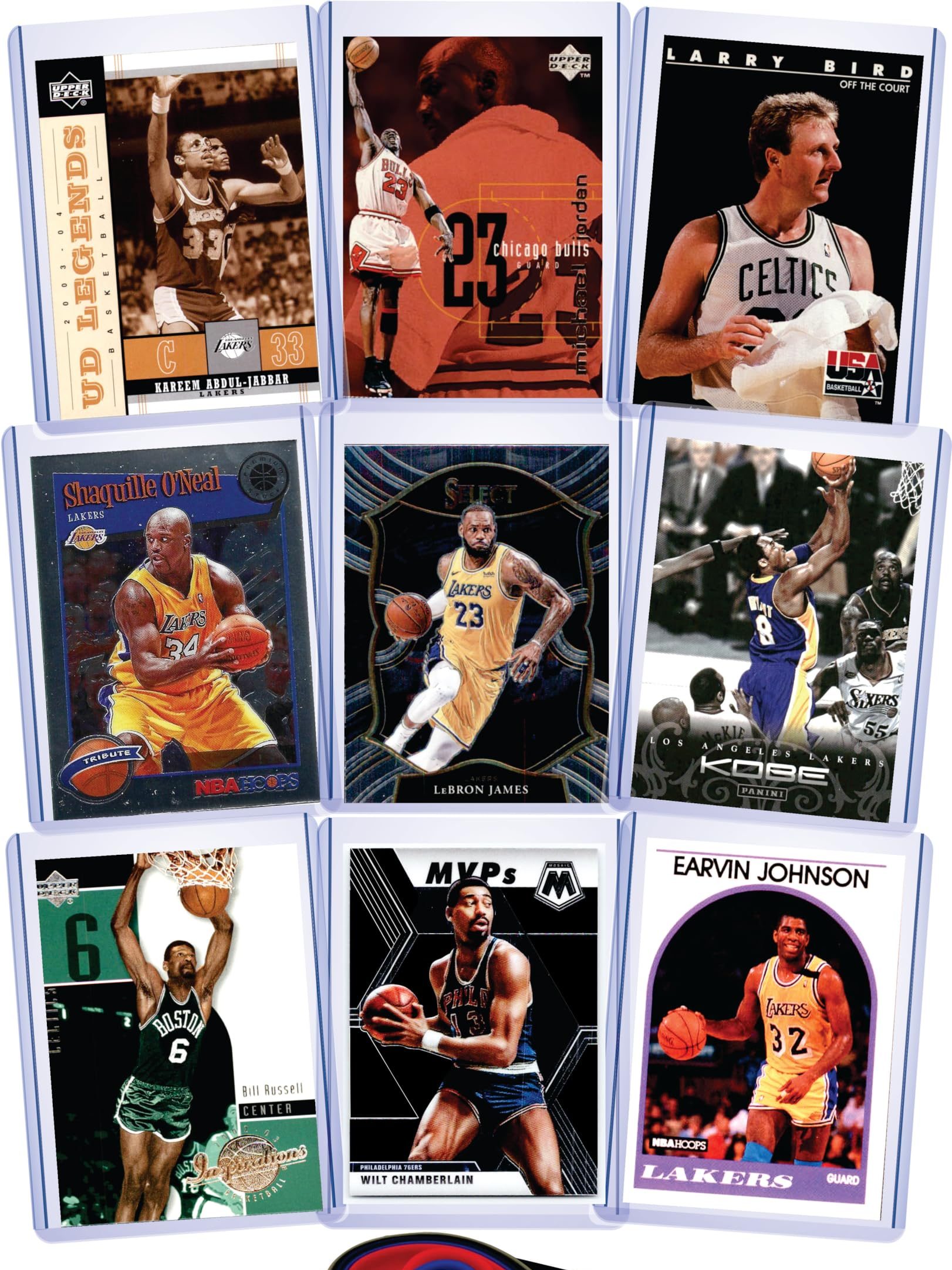 Vintage and modern basketball cards in protective cases for collectors.