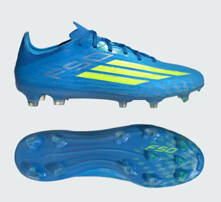 Blue and yellow Adidas F50s showing the soleplate configuration for traction on natural grass.