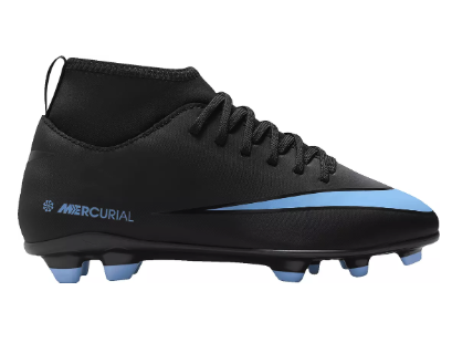 Junior Nike Mercurial boots in black with a light blue swoosh and a mid-cut dynamic fit collar.