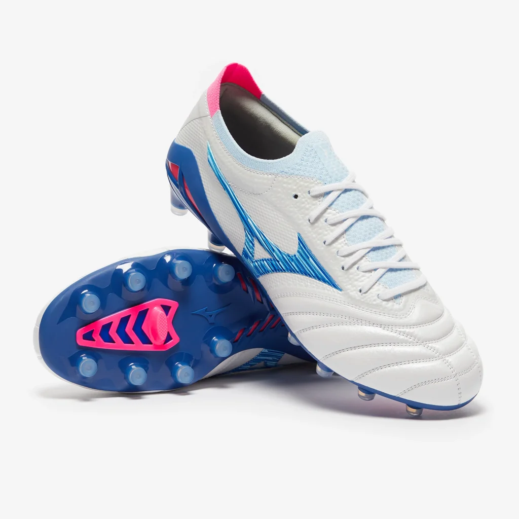 Lightweight white and blue Mizuno footwear designed for a barefoot feel on the pitch.