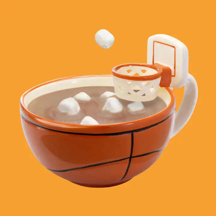 Fun basketball hoop coffee mug, a popular gift for basketball coaches and fans.