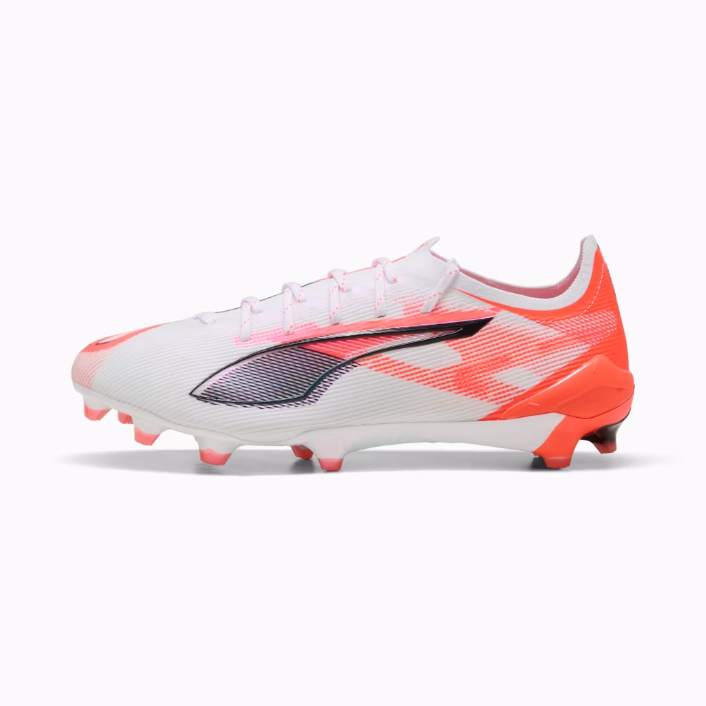 White and bright orange Puma Ultra boots featuring an ultra-lightweight woven upper for speed.