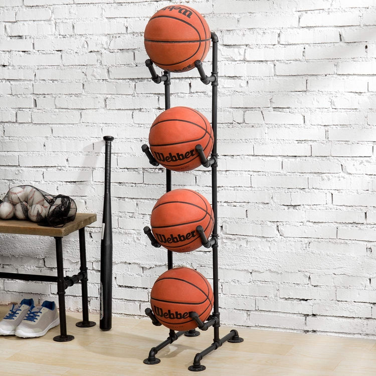 Space-saving vertical basketball rack for home gym or garage organization.