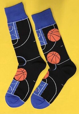 Black and blue crew socks featuring a basketball court and ball pattern.